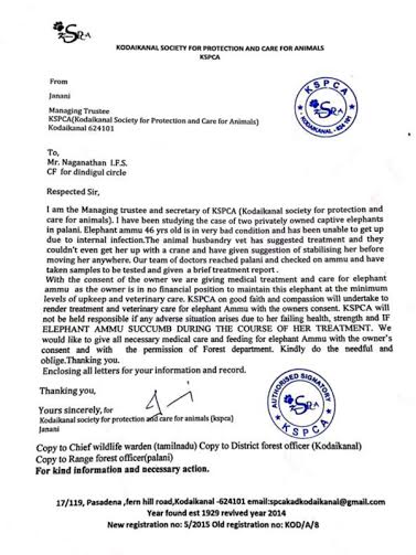 Ammu - KSPCA's letter to Conservator of Forests