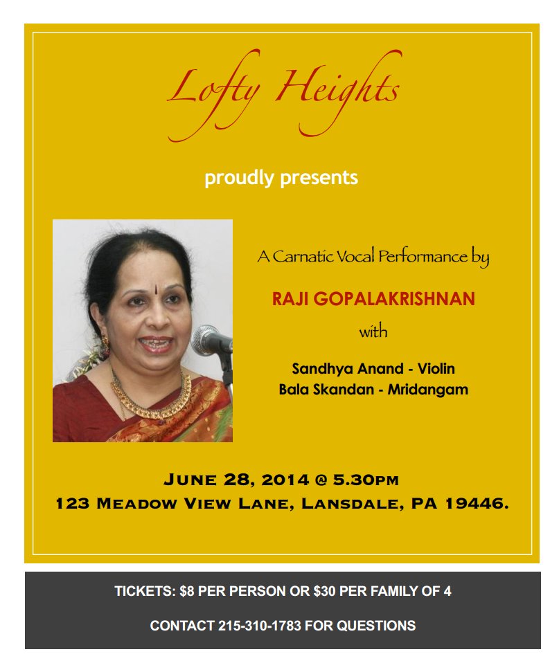 Lofty Heights event featuring well-known senior Carnatic vocalist from India, Raji Gopalakrishnan